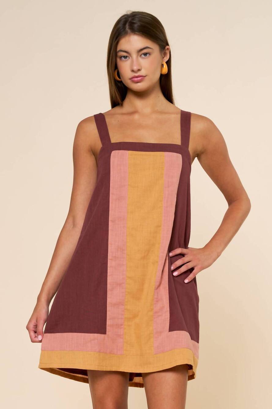 NEW LALAVON color block sleeveless mini dress in brown